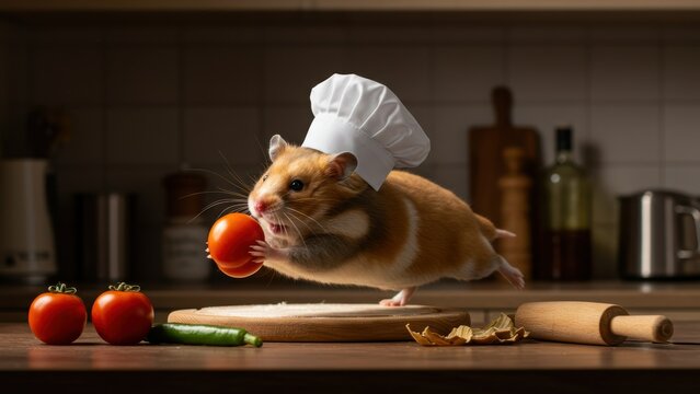Hamster chef is on a kitchen counter holding a tomato, wearing a chef's hat and standing above a wooden cutting board with vegetables and rolling pin, Funny food-themed concepts, - Powered by Adobe