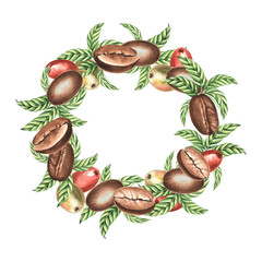 Coffee beans and berries with leaves. Wreath, round frame of Arabica harvest fruits. Template postcard, border with copy space. Watercolor hand drawn illustration isolated. Clipart for food design.