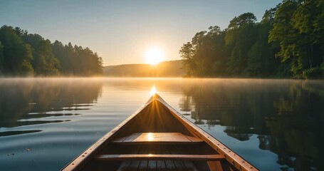 Canoe excursion in the morning. Radiant and vibrant mid-summer sunlight morning, paddling a canoe in the center of a serene, tranquil and peaceful lake.
