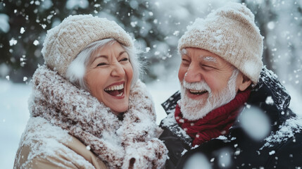 Happy Elderly Couple Embracing in Snowy Weather