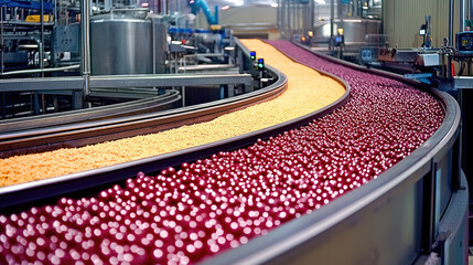 vibrant food processing plant showcases conveyor belt filled with colorful pellets, including red and yellow hues, highlighting efficiency and precision of modern manufacturing