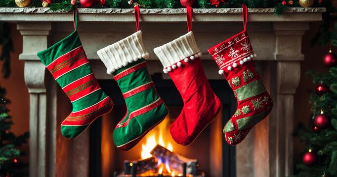 Christmas stocking against the backdrop of a fireplace