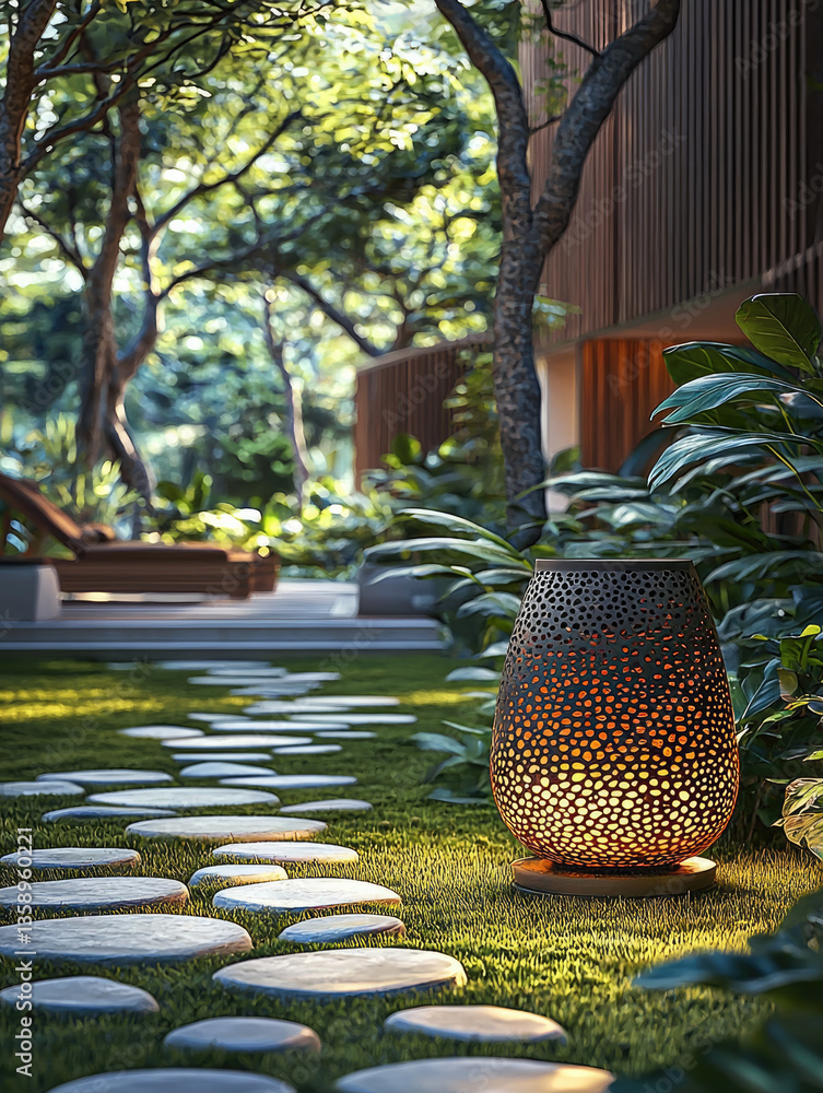 Poster modern garden featuring decorative lamp illuminating stone pathway surrounded by lush greenery and trees, creating serene and inviting atmosphere