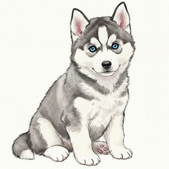 Fototapeta premium Adorable husky puppy sitting calmly, showcasing its striking blue eyes and fluffy fur in a serene setting - perro husky siberiano
