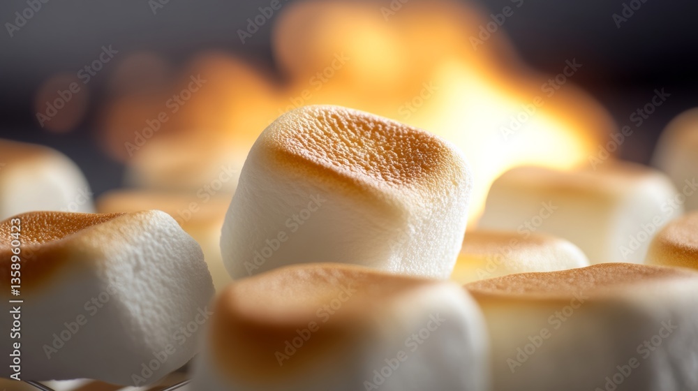 Poster close up of marshmallows with a yellowish brown color. the marshmallows are arranged in a group and 