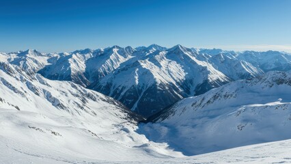 Snowy mountains under a clear blue sky, The landscape features jagged peaks and valleys covered in snow, Winter travel, adventure, and mountain landscapes are concepts,
