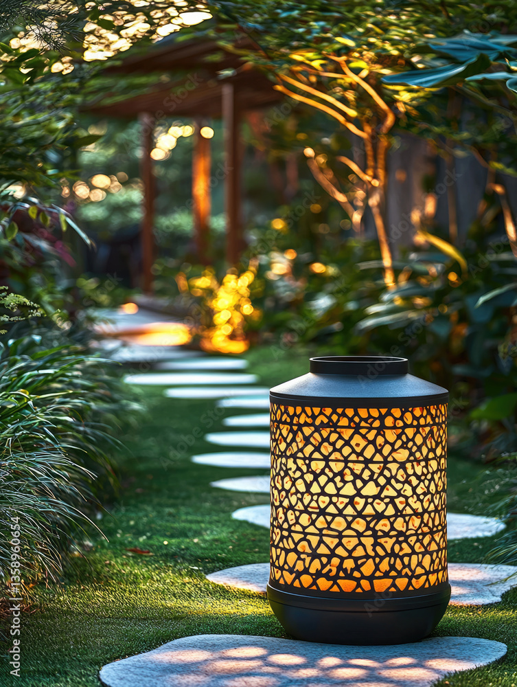 Poster beautifully illuminated lantern stands on stone path in modern garden, surrounded by lush greenery and soft lighting, creating serene and inviting atmosphere
