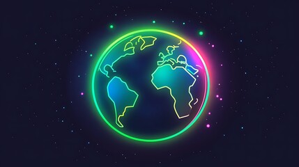 Fototapeta premium Glowing neon globe icon in green and blue with illuminated continents on dark background