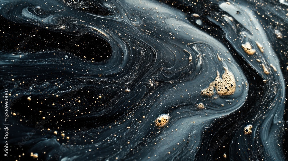 Poster dark fluid swirls and golden dots create an abstract texture evoking celestial patterns or cosmic ph