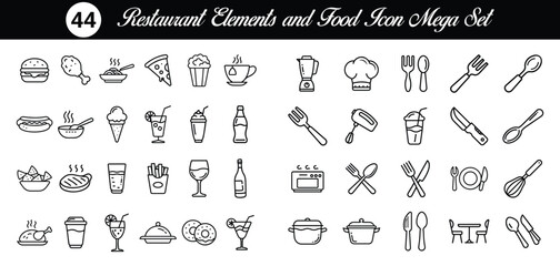 44 Mega icon collection set of  Restaurants elements and food items. spoon, knife, plate, coffee cup, tea cup, cocktail, wine glass, pizza, burger, hot dog, nachos,  pasta, cold drinks, donuts
