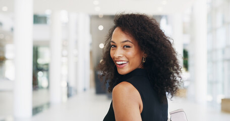 Smile, portrait and walking with business woman for confidence, creative journalist and pride....