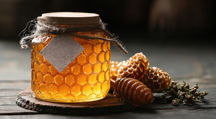 beautiful glass jar filled with golden honey sits on wooden surface, accompanied by honeycomb pieces and sprigs of herbs, evoking sense of natural sweetness and rustic charm