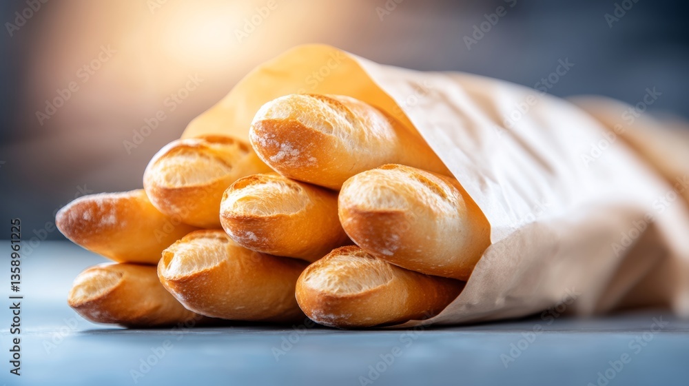 Poster bag of breadsticks is sitting on a table. the breadsticks are all the same size and are stacked neat