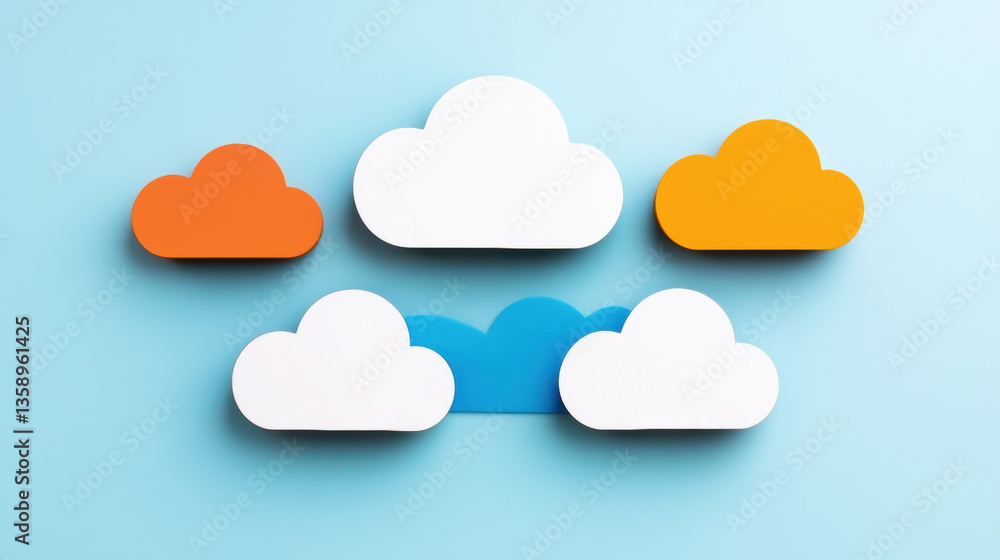 Poster cloud base file storage colorful cloud shapes on light blue background symbolize modern cloud based 