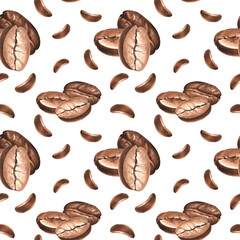 Roasted coffee beans. Seamless pattern. Watercolor hand drawn illustration. Arabica and Robusta sort Ingredient for aromatic invigorating drink. Template for food design, wallpaper, textile, packaging