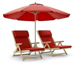 Red Beach Chairs Under Umbrella.