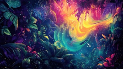 Obraz premium Vivid Abstract Fantasy Jungle with Colorful Swirls and Lush Tropical Foliage in a Dreamlike Atmosphere