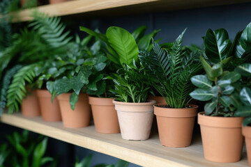 Potted plants sitting on shelves in garden center