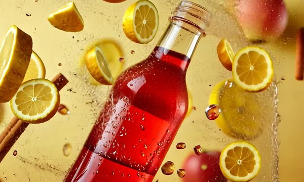 Red Beverage Bottle Floating with Lemon Apple Slices and Cinnamon Sticks on Yellow Backdrop with Splashing Water