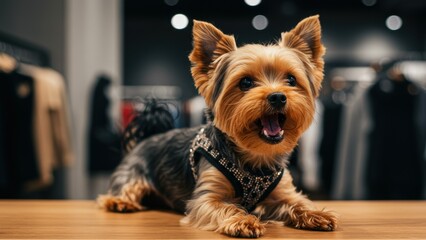 Close-up of a cute adult Yorkshire Terrier lying on a wooden surface indoors, Dog wears a harness, looking forward with an open mouth, showcasing happy expression,