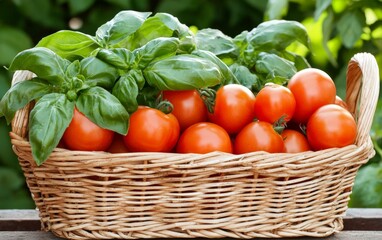 wooden crate with tomatoes and basil in lush natural light emphasizing garden harvest fresh organic ingredients and homegrown culinary plant lifestyle for eco visuals