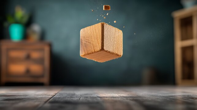 Wooden cube is floating in the air. The cube is made of wood and is in the air - Powered by Adobe