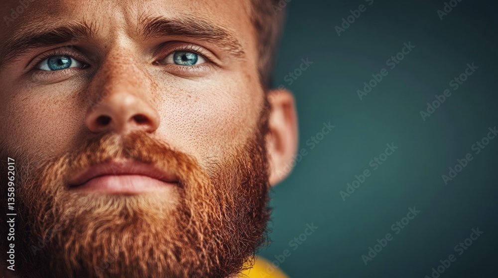 Poster man with a beard and blue eyes. he is looking at the camera. the image has a mood of confidence and 