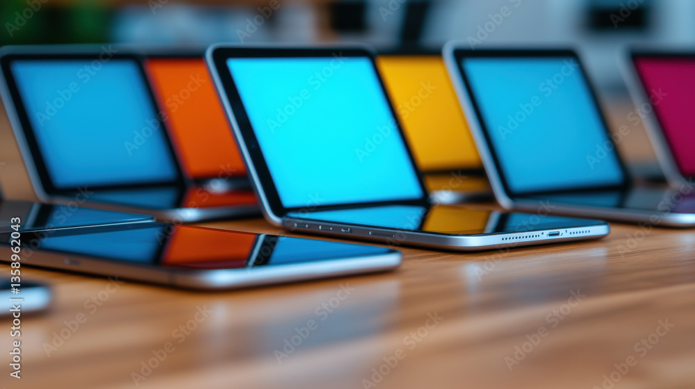 Poster cloud base file storage row of sleek tablets with colorful screens displayed on wooden table