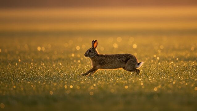 Running cottontail rabbit sprints through dew-covered field, Focus soft, golden hour light adds warmth and serenity, Represents nature, wildlife, and early mornings, - Powered by Adobe