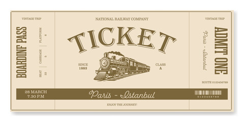 Retro train ticket template with classic typography. Ideal for excursion routes, retro parties, ticket designs, clubs and other projects. Vector, can be used for printing. Just add your text.	