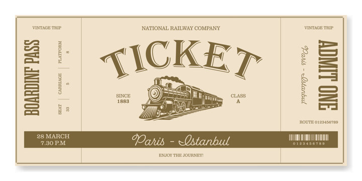 Retro train ticket template with classic typography. Ideal for excursion routes, retro parties, ticket designs, clubs and other projects. Vector, can be used for printing. Just add your text.	