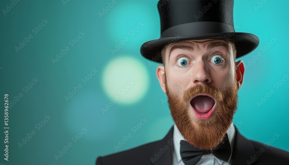 Poster man with a black hat and a beard is making a surprised face. the image has a fun and lighthearted mo