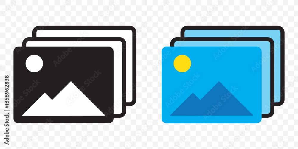 Poster set of add photo vector icons. attach new image or picture. edit album. vector in blue color. galler
