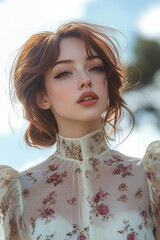 Elegant lady with soft features and floral dress, exuding confidence and grace against bright sky. Her expressive eyes and gentle smile create captivating presence