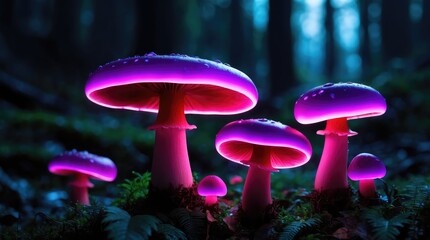 Fototapeta premium Glowing purple mushrooms with neon light-like stems, set in a mystical, dark forest environment.