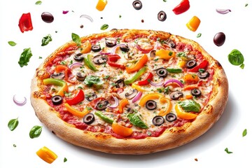 Delicious pizza with peppers, olives, mushrooms, and onions on a white background. Great image for food blogs, menus, or promoting pizza restaurants online.