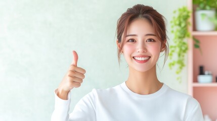 Woman is smiling and giving a thumbs up. She is wearing a white shirt and has her hair in a bun