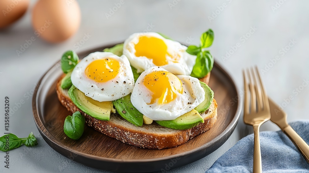 Poster plate of three eggs with a slice of bread and a few leaves of basil. the plate is set on a table wit