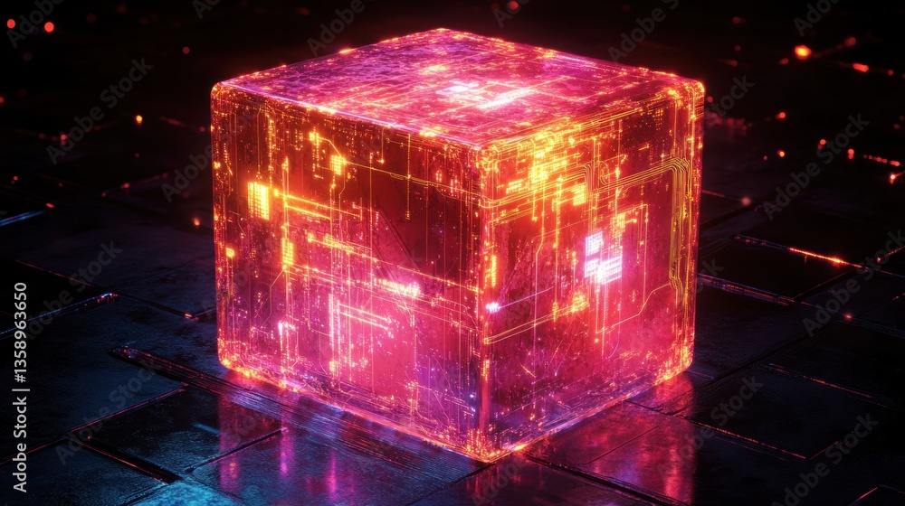 Poster futuristic glowing cube displaying complex circuitry and vibrant neon lights reflecting on a dark te