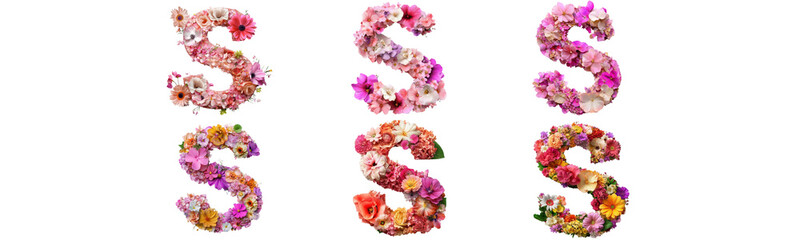 floral letter s alphabet flower arrangement on white background