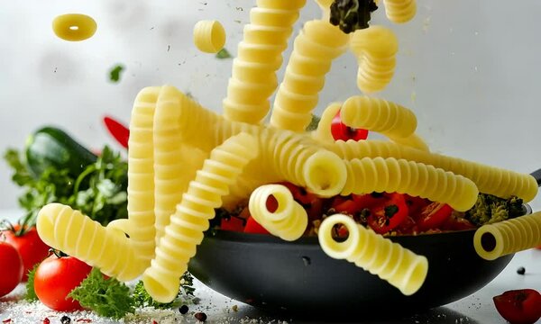 Spirali Pasta Tossed with Tomatoes and Fresh Herbs in a Black Pan on White Surface with Broccoli Zucchini and Peppers