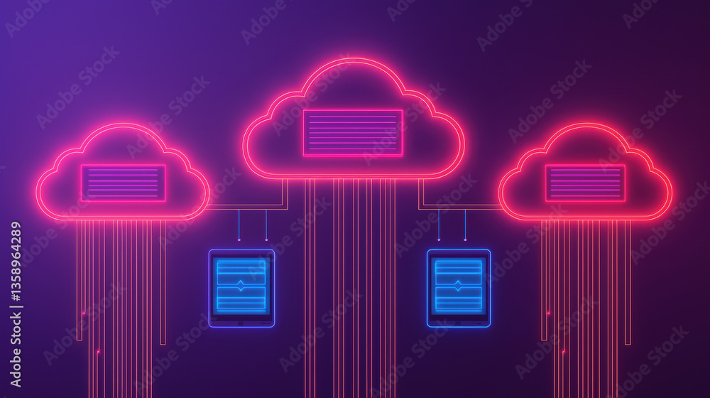 Poster cloud base file storage neon clouds and devices illustrate seamless file transfer between servers