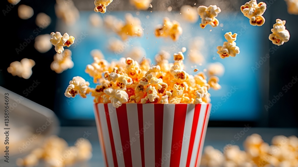 Aufkleber red and white popcorn bucket is filled with popcorn. the popcorn is flying out of the bucket, creati