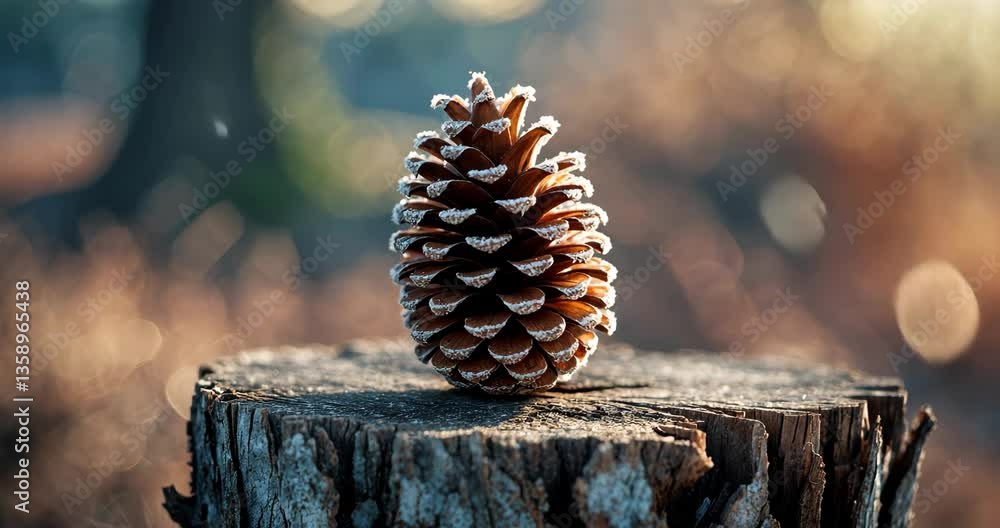 Poster close-up of a frosted pine cone resting on a tree stump with a soft, out-of-focus background.