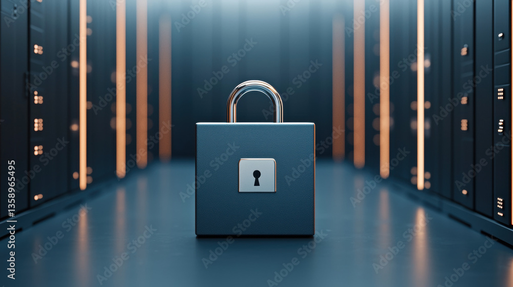 Poster cloud base file storage padlock symbolizes data security in server room, emphasizing protection