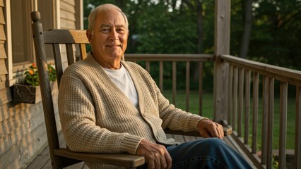Fototapeta premium Senior caucasian man relaxing in a rocking chair on a wooden porch with a warm, golden light, Focuses on peace, serenity, and enjoying retirement,