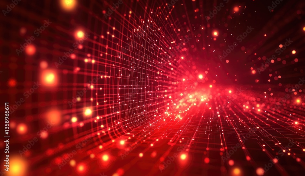Poster red digital tunnel with glowing particles and intricate grid network