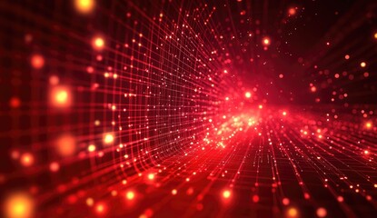 Fototapeta premium Red digital tunnel with glowing particles and intricate grid network