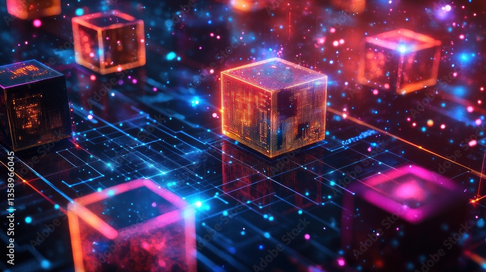 Poster illuminated data cubes on a circuit board visualizing the digital landscape of interconnected techno