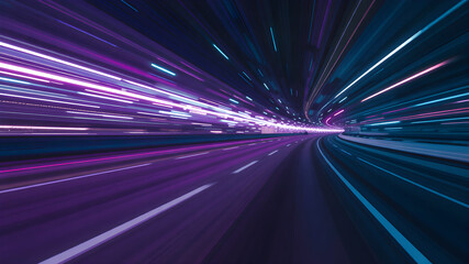 Abstract background in blue and purple neon glow colors. Panoramic high speed technology concept, light abstract background. Image of speed motion on the road. 